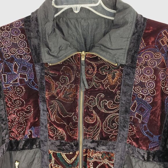 Vintage Reversible Velvet Embroidered Bomber Jacket Wmns L Boho Patchwork 80s 90 - Picture 5 of 9